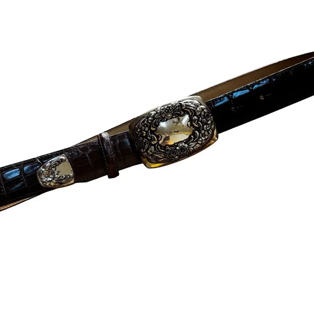 Vintage Brighton brown leather belt with large silver metal floral buckle M
